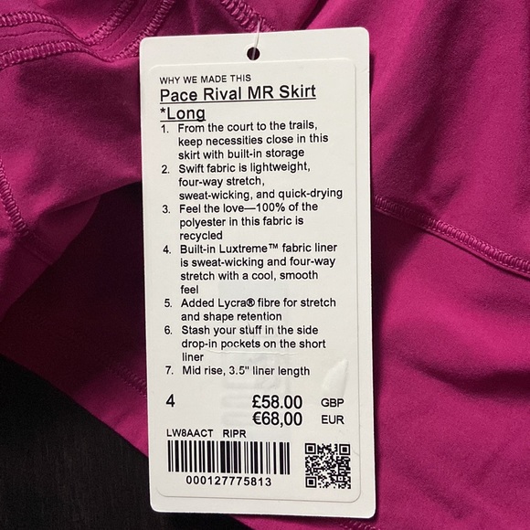 LULULEMON PACE RIVAL MR SKIRT *LONG RIPENED RASPBERRY (RIPR) SZ 2 NWT - Picture 9 of 11